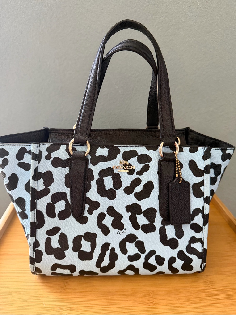 Coach Leather Tote in Black and Light Blue Leopard Print